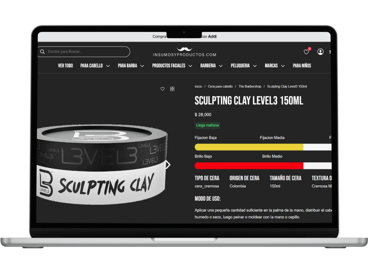 Mockup de la tienda online insumosyproductos.com mostrando la ficha de un producto en una página de e‑commerce profesional.