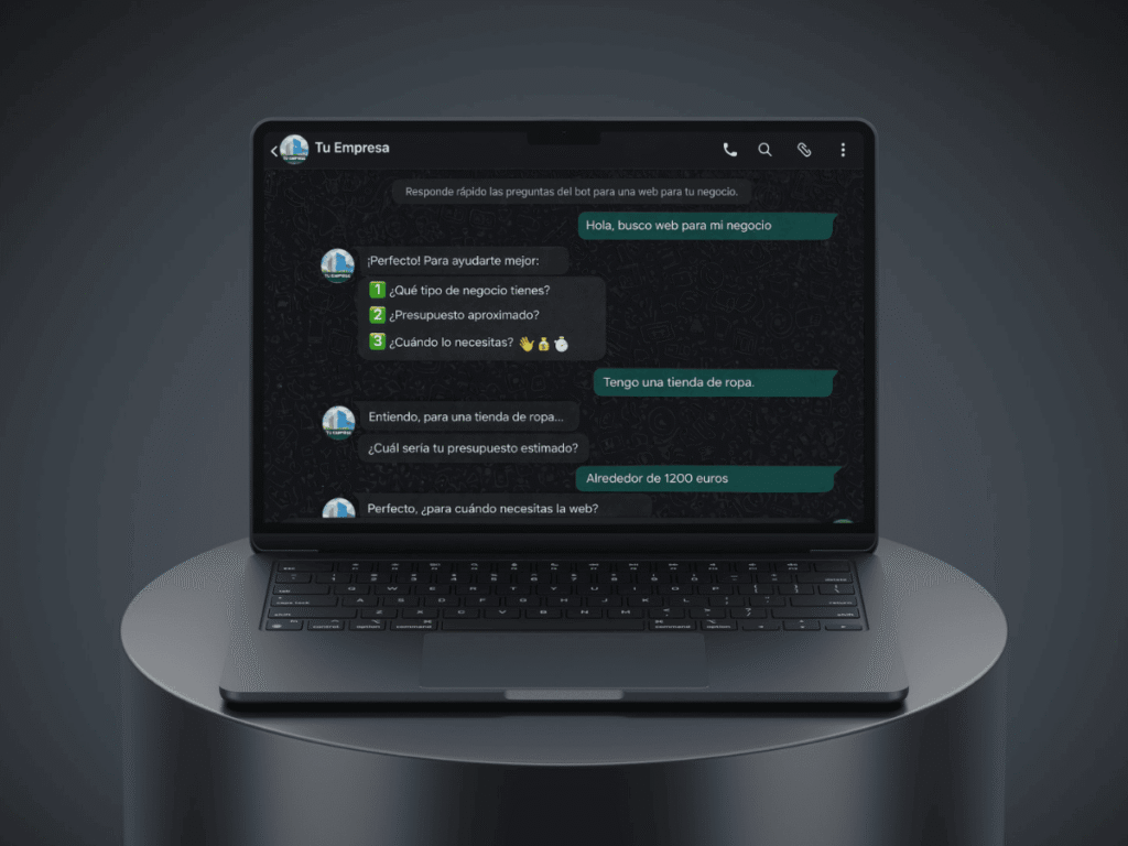Ejemplo conversación chatbot WhatsApp Business Fire Pixel Studio filtrando leads