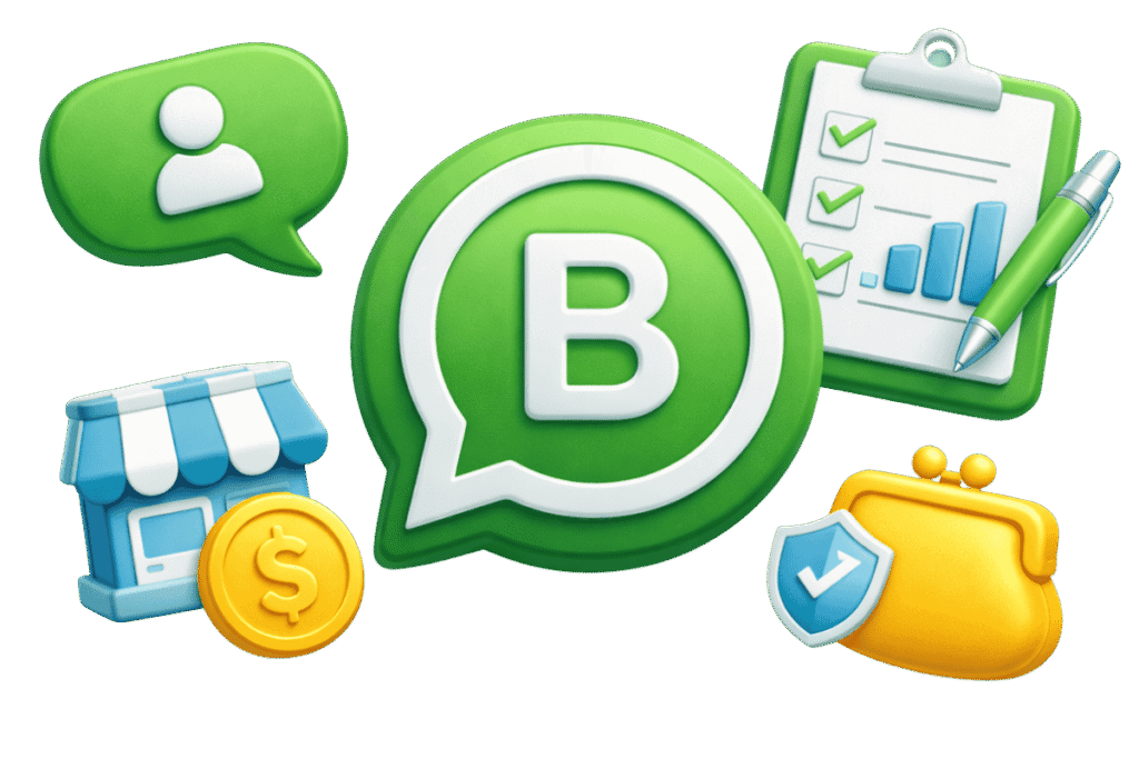 Iconos y elementos de WhatsApp Business API: chatbots, notificaciones automáticas, botones interactivos y conexión CRM implementados por Fire Pixel Studio